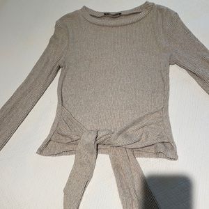 Zara neutral ribbed sweater with waist tie